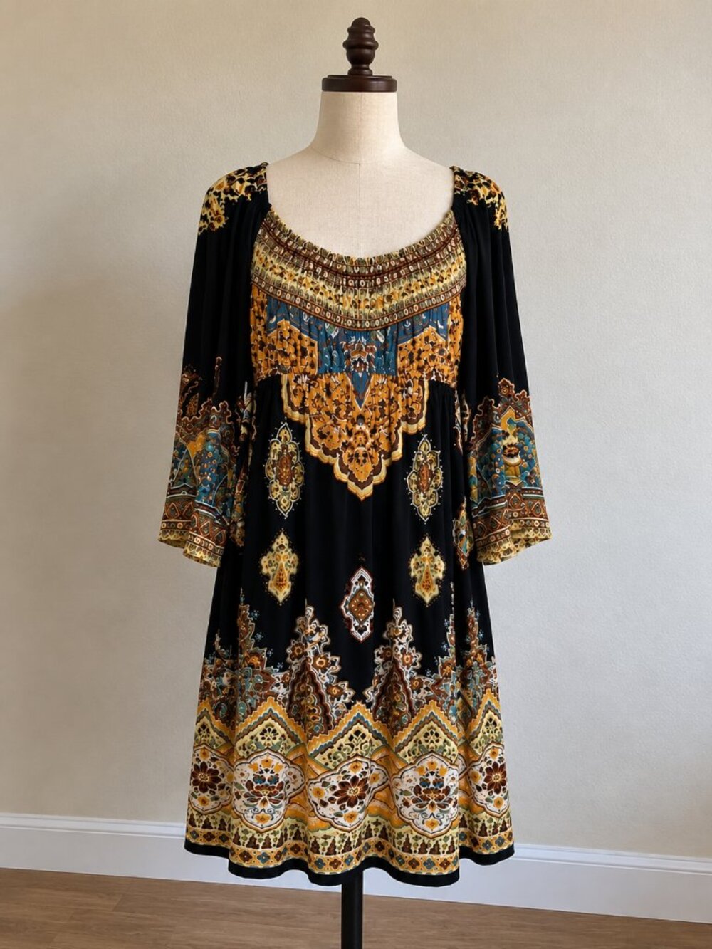 Boston Proper Muse Black Damask Medallion Boho Resort Dress Off Shoulder 6
